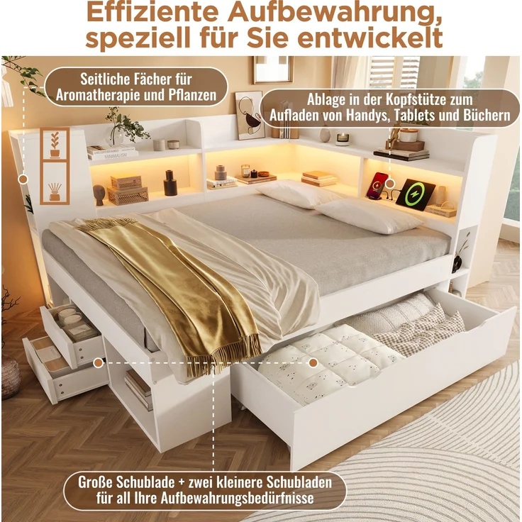 CHICFURN Bett aus Holzwerkstoff Weiß 90x200 cm mit LED-Beleuchtung und USB- und Type-C-Anschlüssen – Bild 5