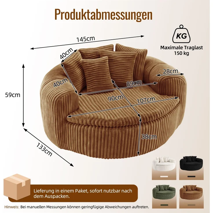 Abrihome Sitzsack mit Armlehnen und Rückenkissen, Camel, 145x133x59 cm – Bild 3