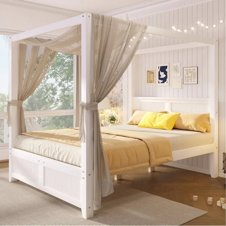 Odikalo Jugendbett Einzelbett Bettgestell Gästebett mit Himmelbett-Design (90/140x200 cm Himmelbett aus Holz mit dekorativem Dachrahmen und vertikalen Lamellen am Kopf- und Fußteil(ohne Matratze)