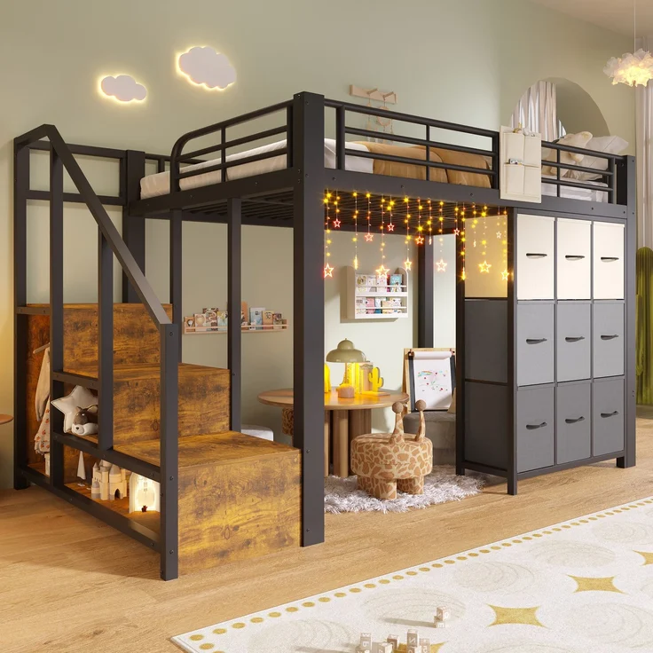 EINHOM Hochbett, 140 x 200 cm, Metall, mit Schubladen, Kleiderstange, Geländer, Treppe mit Stauraum,Schwarz (Ohne Matratze) – Bild 4