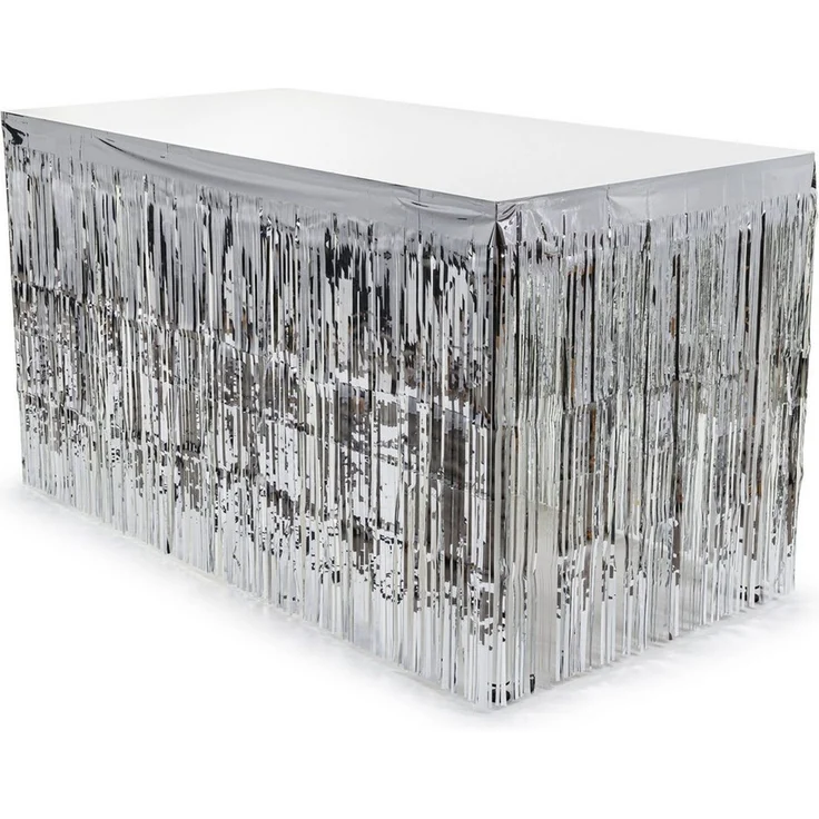 partydeco Tischdecke, Lametta Tischrock 300x80cm Silber