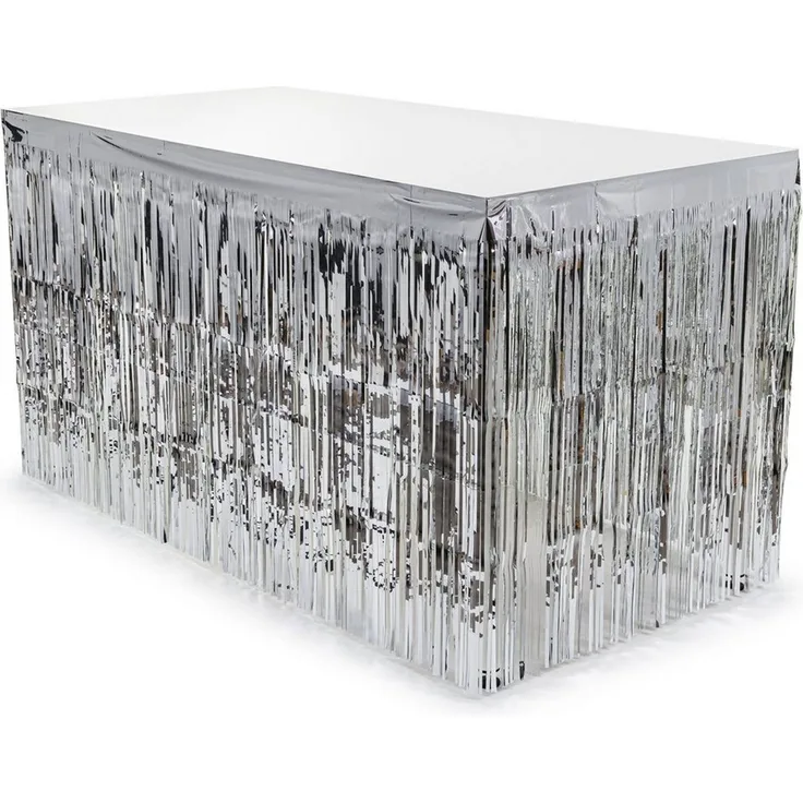 partydeco Tischdecke, Lametta Tischrock 300x80cm Silber