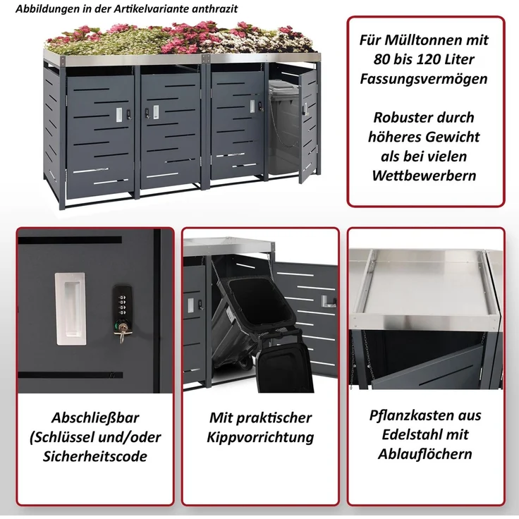 4er-Mülltonnenverkleidung HWC-H40b, Mülltonnenbox, Pflanzkasten Edelstahl-Metall-Kombi 78kg 110x230x62cm erweiterbar – Bild 2