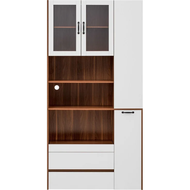 Highboard mit verstellbaren Regalböden und Schubladen, Buffetschrank mit ausziehbaren Regalböden und Riffelglas , Ideal für Esszimmer, Wohnzimmer und Küche (Weiß+Nussbaum) – Bild 10
