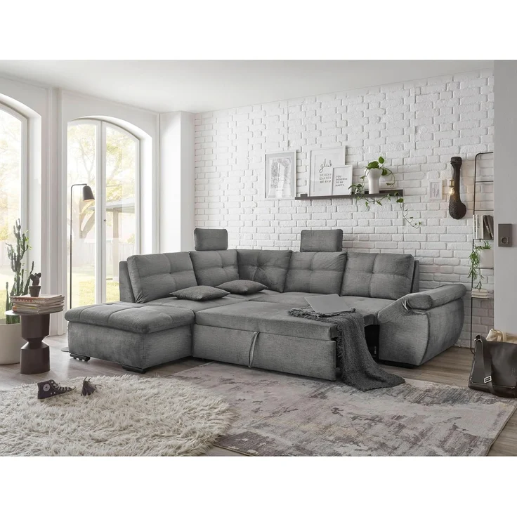 Stella Trading ALIJA Ecksofa mit Schlaffunktion in Grau - Moderne Eckcouch mit Bettkasten und verstellbaren Armlehnen - 265x84 (107) x 217 cm (B/H/T) – Bild 5
