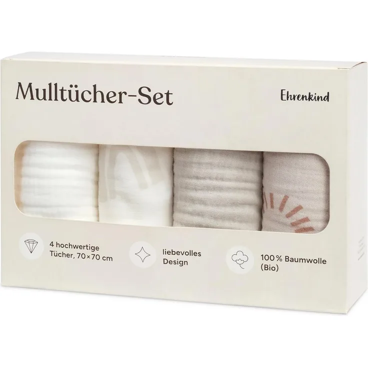 Ehrenkind Spucktuch Mulltücher-Set aus saugfähiger Musselin Bio-Baumwolle, (Sprucktücher Baby im 4er Set, Musselintücher Baby 70x70 cm), viele Einsatzmöglichkeiten wie Stoffwindeleinlage
