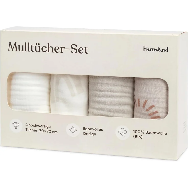 Ehrenkind Spucktuch Mulltücher-Set aus saugfähiger Musselin Bio-Baumwolle, (Sprucktücher Baby im 4er Set, Musselintücher Baby 70x70 cm), viele Einsatzmöglichkeiten wie Stoffwindeleinlage