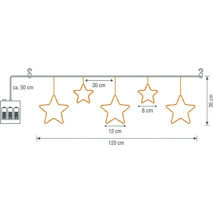 Spetebo LED-Lichtervorhang LED Lichtervorhang mit 5 Metall Sternen warm weiß, 5-flammig, 120 cm Länge - Weihnachten Fenster Beleuchtung mit Timer Batterie – Bild 4