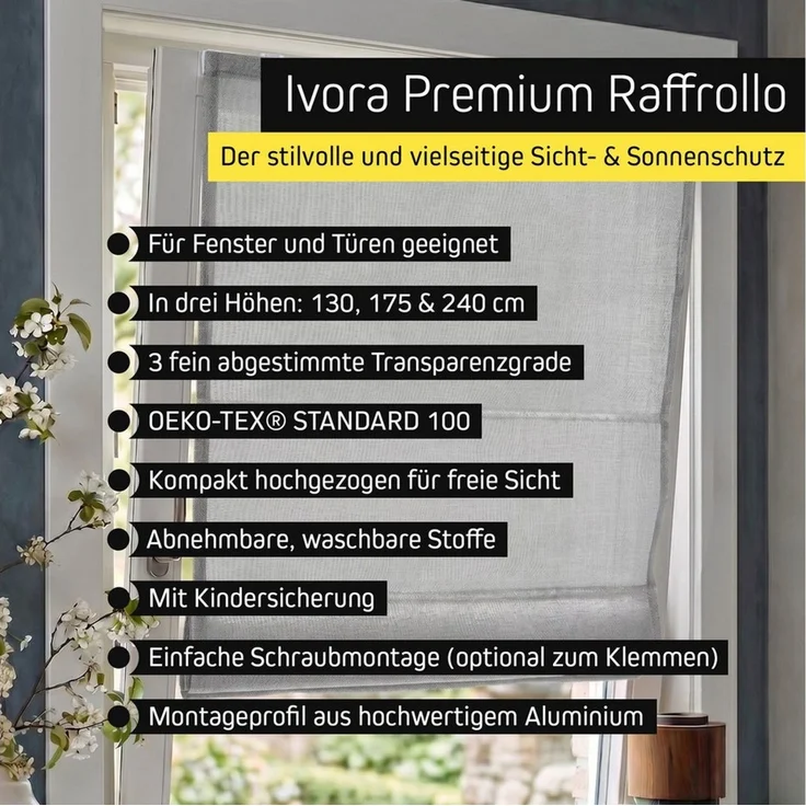 Victoria M. Raffrollo Klemmfix Ivora Premium Raffrollo 40x130cm Grau Blickdicht, mit Klemmträger, ohne Bohren, freihängend, Ohne Bohren – Bild 4