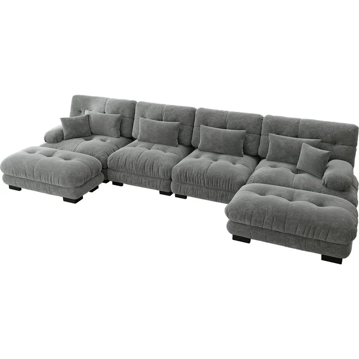 ZUBALIYA Modulare Wohnlandschaft, modular kombinierbar, mit Hocker, H 81 × T 145 × B 406 cm, Grau, Chenille – Bild 6