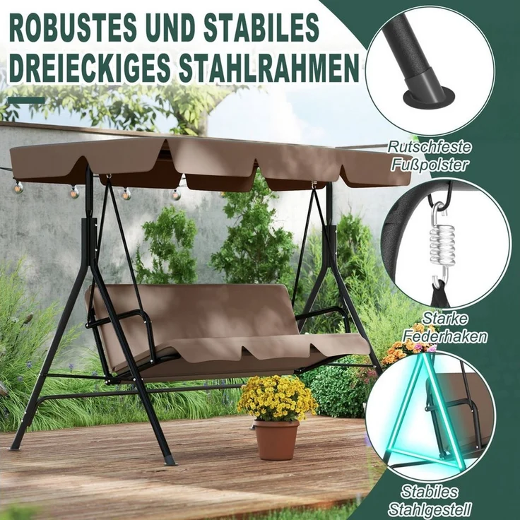 FIVMEN Hollywoodschaukel Gartenschaukel 3-Sitzer Gartenliege Schaukelbank Garten Schaukel, 193 x 110 x 152 cm, Metall Hängeschaukel mit Verstellbarem Sonnendach Liegefunktion – Bild 3