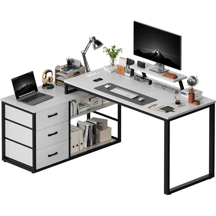 HOMALL Schreibtisch L-förmiger Eckschreibtisch mit USB-Anschluss und zwei Steckdosen. (140 x 100 x 75 cm, mit Monitorständer und Beleuchtung, L-förmiger Schreibtisch/Gaming-Tisch, umwandelbar in einen I-förmigen Schreibtisch, mit drei Schubladen und zw... – Bild 1