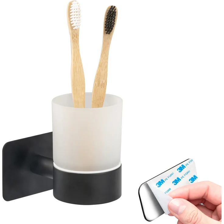 Bad-Serie PIAZZA BLACK TAPE - Zahnputzbecher ohne Bohren - mit Klebepad, aus Glas und Edelstahl, matt schwarz – Bild 1