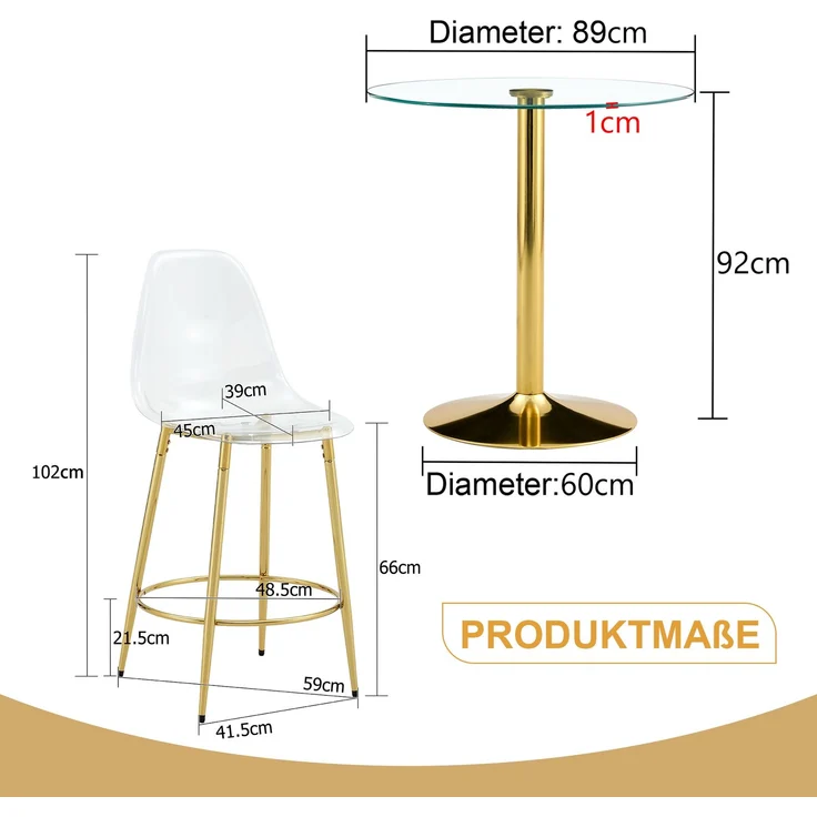 Esstisch-Set als Bartisch, 92x89x89 cm, Glas/Metall in Gold mit 2 transparenten Barhockern – Bild 5