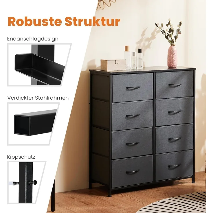 Sweetcrispy Kommode,Sideboard Wohnzimmer für Schlafzimmer mit 8 Stoffschubladen,Einstellbare Füße Schubladenschrank,Komodenschrank für Schlafzimmer,Modernes Grau – Bild 7