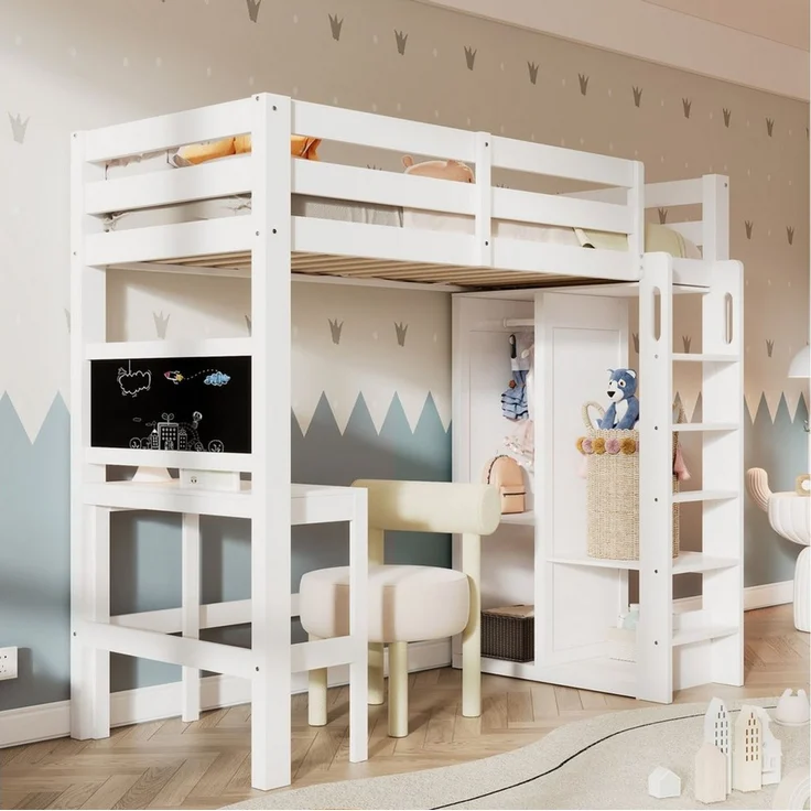 Odikalo Hochbett 90x200 Kinderbett mit Schreibtisch und Stauraum (mit Schreibtisch Offener Kleiderschrank und Regalen Kinderbett mit Lattenrost und Rausfallschutz Einzelbett Liegefläche 90x200cm, Weiß(ohne Matratze) – Bild 1