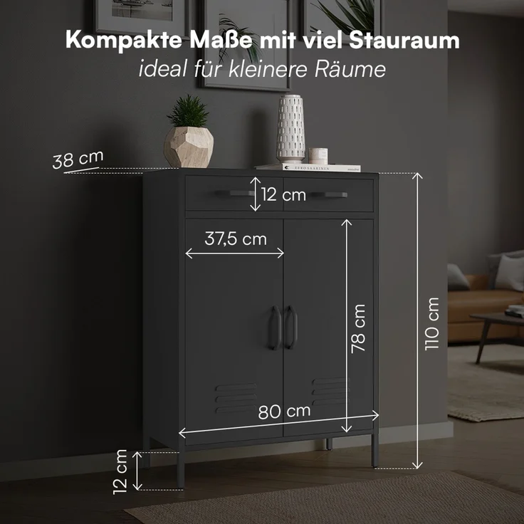 skølm 'Atria' Metallkommode, schwarz, 110x38x80 cm, mit 2 Schubladen und 2 Fächern – Bild 7