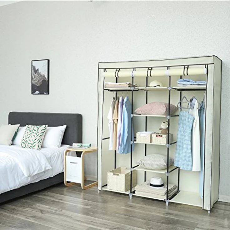 Songmics Kleiderschrank, Faltschrank, Stoffschrank, faltbare Garderobe mit 2 Kleiderstange, 175 x 150 x 45 cm, Beige RYG12M – Bild 10