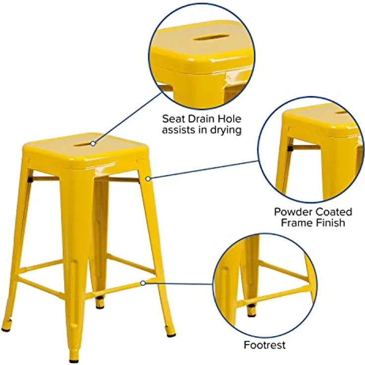 Flash Furniture Handelsübliche Qualität, 61 cm hoch, rückenfrei, Metall, für drinnen und draußen, Thekenhöhe, Hocker mit quadratischem Sitz, Kunststoff, verzinkter Stahl, Gelb, 4 Stück – Bild 7