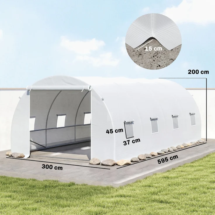 MELAYR, Tunnelgewächshaus, 6 x 3 x 2 m, Terrassengewächshaus mit 8 Fenstern, 140 g/m², Rahmen aus weißem Stahl, Weiß – Bild 5