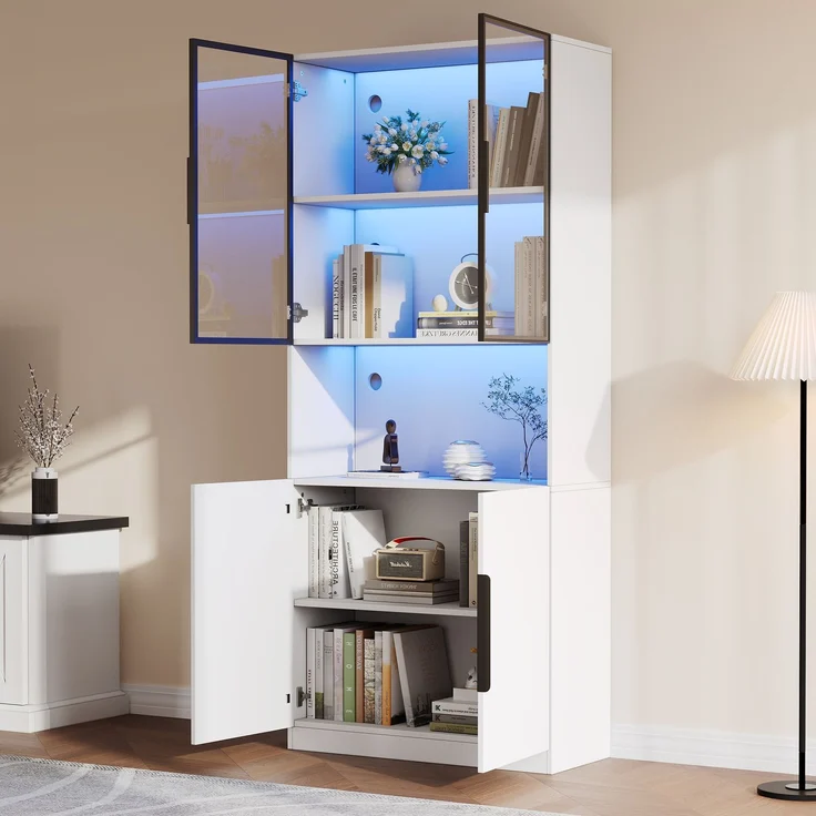 Moderne minimalistische Vitrine mit Glastüren, Vitrine mit LED-Leuchten, Bücherregal für Sammlerstücke, einstellbare Farbtemperatur und Helligkeit, weiße 80*30*200cm--Weiß--94.49x50.8x19.51cm--YOUDENOVA – Bild 8