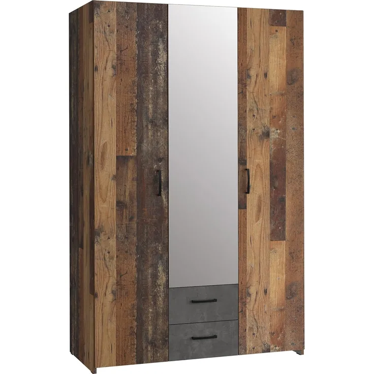 Forte ECONOBOX Kleiderschrank 120, rustikal, 3-türig, 2 Schubladen, Spiegel, Einlegeböden, Holzwerkstoff, Old Wood Vintage Holzdekor|Betonoptik Grau, 119,4 cm breit x 190,5 cm hoch x 54,4 cm tief
