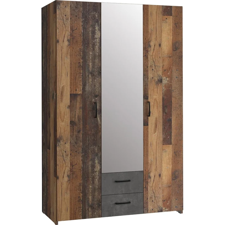Forte ECONOBOX Kleiderschrank 120, rustikal, 3-türig, 2 Schubladen, Spiegel, Einlegeböden, Holzwerkstoff, Old Wood Vintage Holzdekor|Betonoptik Grau, 119,4 cm breit x 190,5 cm hoch x 54,4 cm tief – Bild 1