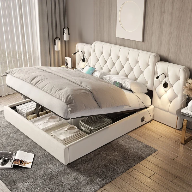 Polsterbett, Samt mit USB-Anschluss, Leselampen & Stauraum, 160x200 cm, Beige, ohne Matratze – Bild 2