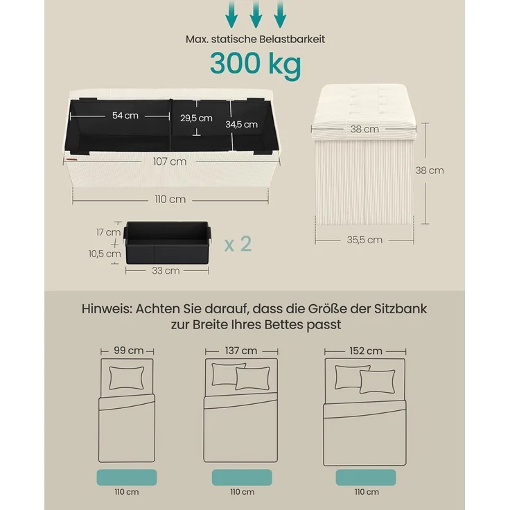 SONGMICS Sitzhocker mit Stauraum, klappbare Sitzbank, 38 x 110 x 38 cm Fußbank, Bettbank, Aufbewahrungsbox, bis 300 kg belastbar, Wohnzimmer, Schlafzimmer, Eingangsbereich, cremeweiß – Bild 3