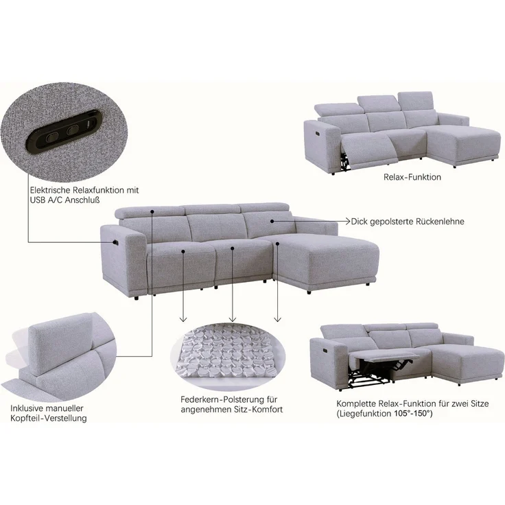 OTTO home Ecksofa LEOON L-Form, 255 cm - elektr. Relaxfunktion, mit USB A/C-Anschluss. Federkern, verstellbaren Kopfstützen, Webstoff – Bild 2
