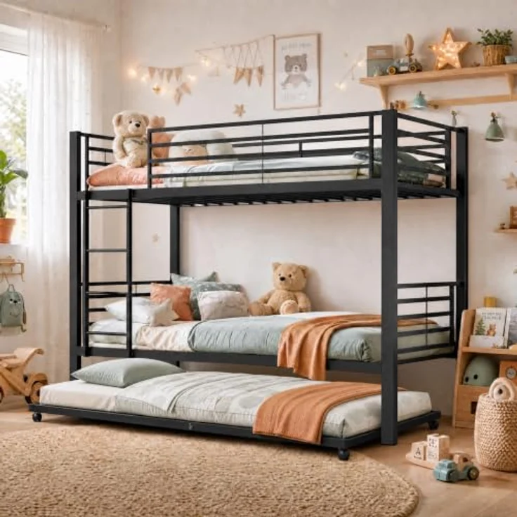 FAVSH Etagenbett 90x200 cm aus Metall, Hochbett mit Rausfallschutz und Leiter, Geräuscharmes Doppelbett, rutschfest, für Jugendliche und Erwachsene, WG & Ferienwohnung, Schwarz D – Bild 1