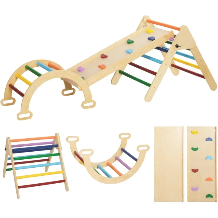 LVHOM 5-in-1 Klettergerüst aus Holz, Pikler Dreieck mit Rutsche & Bogenbrücke, faltbares Kletterdreieck für Kleinkinder, Motorikspielzeug bis 50 kg