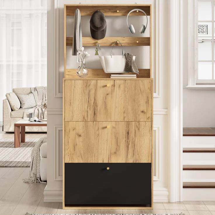 ZUBALIYA Schuhschrank (75 x 24 x 180 cm), Haken zur Aufbewahrung, Aus Spanplatte, Stauraum für Flur und Eingangsbereich, Schwarz / Naturfarben – Bild 4