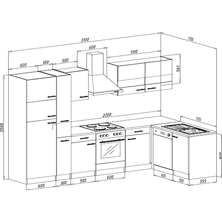 Respekta Küchenleerblock 310 cm, Weiß, Metall, mit 2 Schubladen, links und rechts montierbar, Soft-Close-System, 310x200 cm – Bild 2
