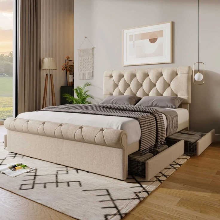Polsterbett 140x200 cm mit 4 Schubladen, höhenverstellbarem Kopfteil im Scroll-Design, Leinenbett mit Stauraum,inklusive Matratze – Bild 5