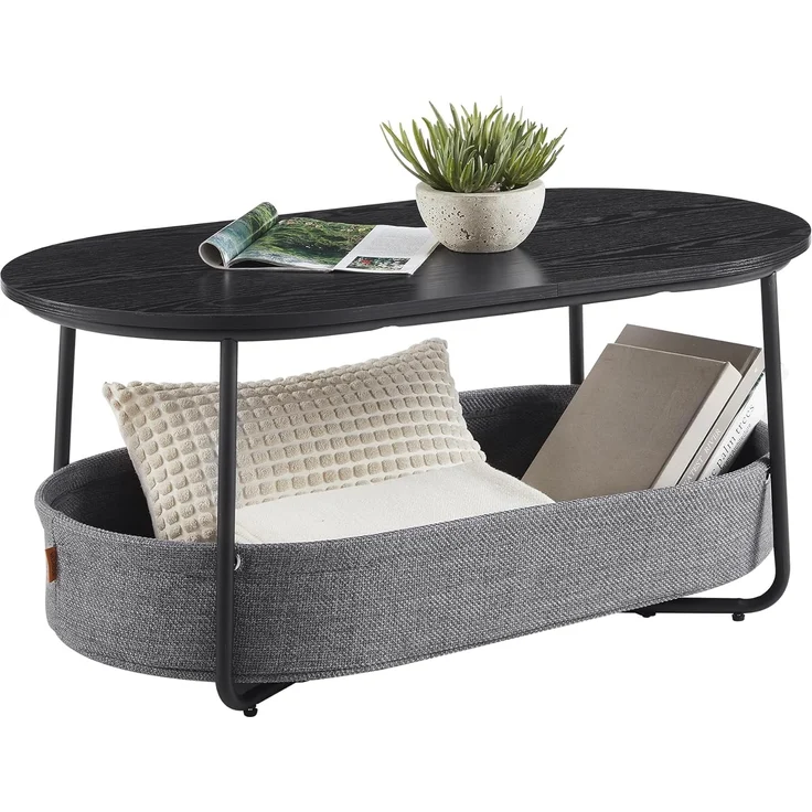 VASAGLE Couchtisch oval, Tisch mit Stauraum, Beistelltisch, Wohnzimmertisch mit Korb aus Stoff, modern, Metallrahmen, tintenschwarz-schiefergrau LCT222B56 – Bild 1
