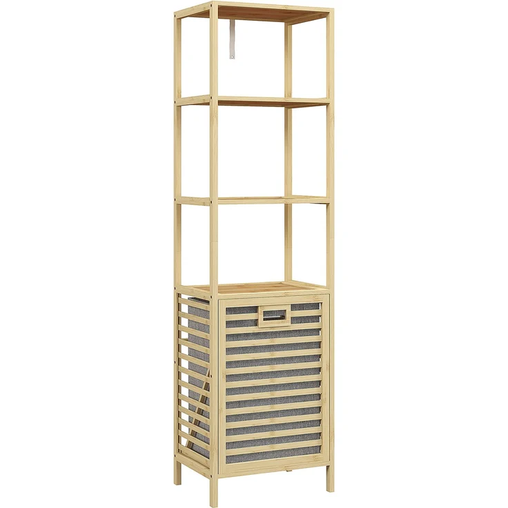 Badregal 44 x 33 x 160 cm aus lackiertem Bambus mit 3 Ablagen und kippbarem Wäschekorb – Bild 6