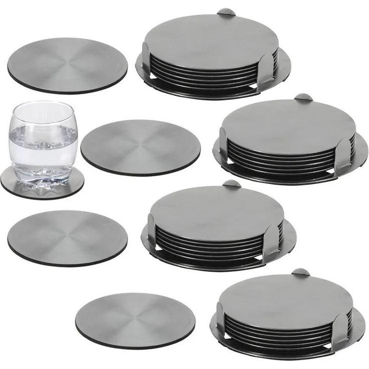HAC24 Glasuntersetzer Edelstahl Untersetzer Set Tassenuntersetzer Tischuntersetzer, Set, 28-tlg, Inkl. Halterung, Ø 10 cm