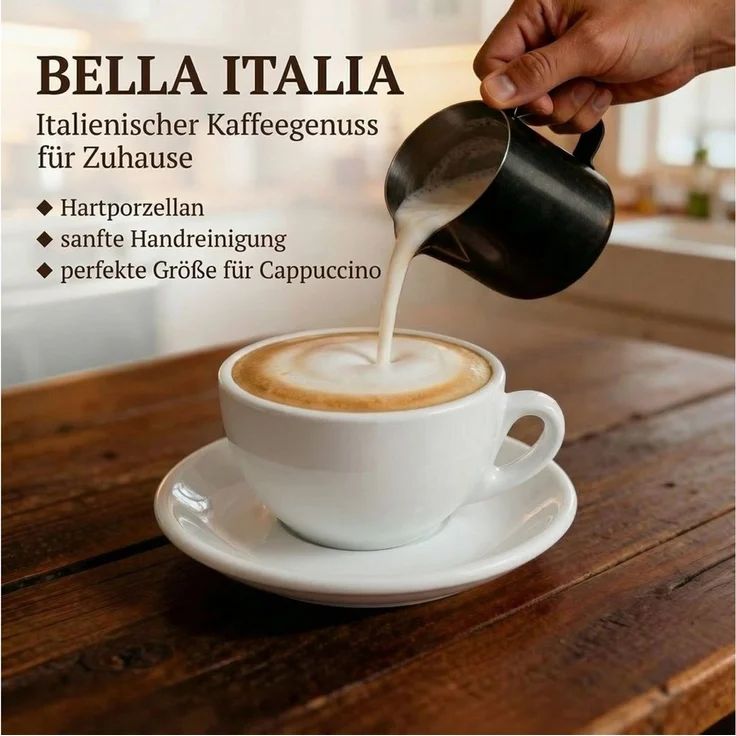 MUVELL Cappuccinotasse 6er Cappuccino-Set "VERONA" Tasse 200ml + Untertasse, weiß, 6-tlg, Keramik, 200 ml Weiß mit weißen Rand und Innenfläche – Bild 4