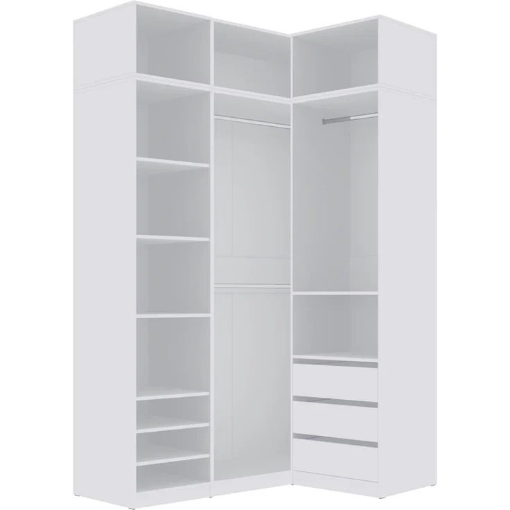 Marmex Möbel Tres Set-J/N (B) Einbauschrank über Eck, Begehbarer Kleiderschrank offen mit Aufsatz, Ankleidezimmer Möbel mit Regalen und Kleiderstangen, laminierte Spanplatte, weiß 101/150x246x51 cm – Bild 9