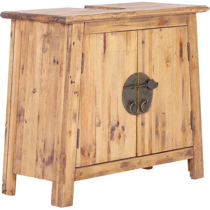 Waschbeckenunterschrank Rangun Pinie massiv 70x61x32 cm rustikal Vintage Badschrank Holz asiatischer Stil mit Stauraum Badmöbel Unterschrank hell
