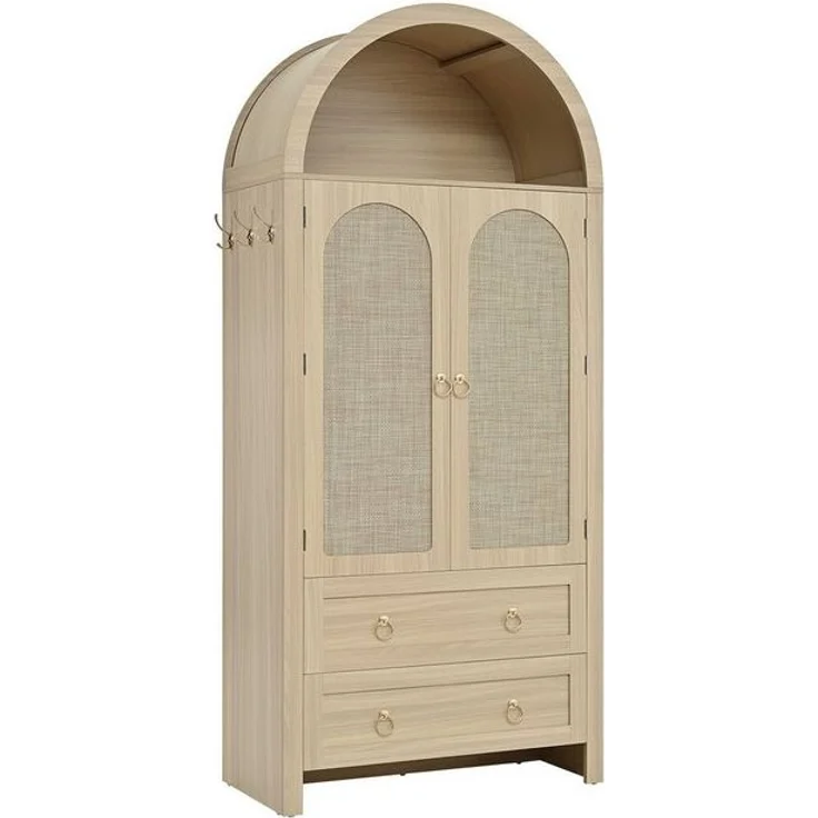 BlingBin Hochschrank Mehrzweckschrank Highboard Sideboard (Aufbewahrungsschrank mit Bogenform, 1-St, mit Rattantüren, offenen Regalen, 2 Schubladen, seitlichen Haken) 80 x 40 x 180 cm, Retro Vintage Schrank für Wohn- und Schlafzimmer – Bild 4