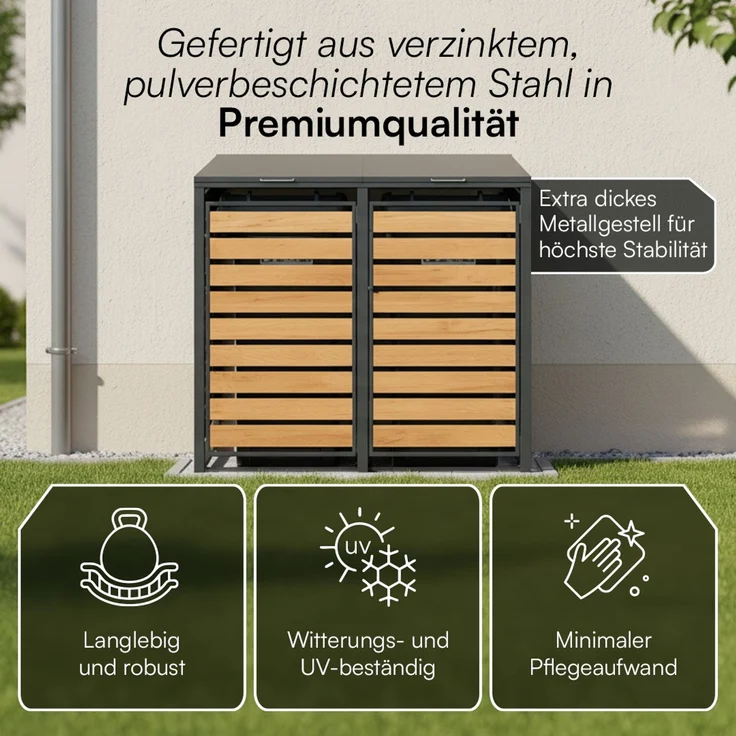 STEELSØN 'Kestra' Mülltonnenbox 2er je 120 Liter, anthrazit mit Holzoptik, Mülltonnenverkleidung aus Stahl, wetterfest, 102x62x117 cm, Müllbox für 2 Tonnen – Bild 5