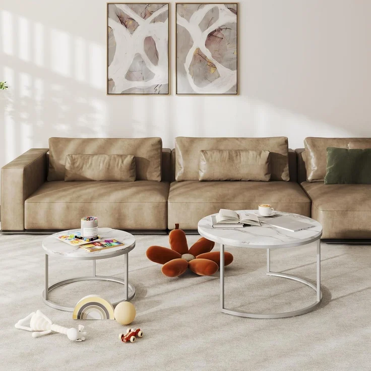 Runder Couchtisch Marmor Optik Weiß Silber 80x80cm & 60x60cm – Bild 5
