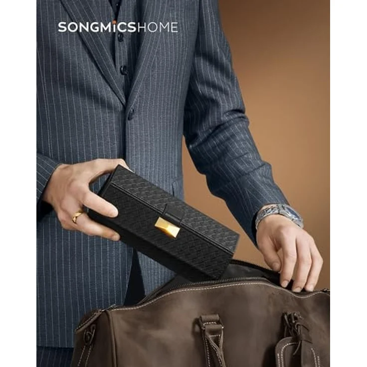 SONGMICS HOME RONNE Kollektion - Uhrenbox unterwegs, Uhrenrolle für 3 Uhren, hexagonale Form, PU im Flechtlook, versteckter Stauraum, 9,8 x 21,2 x 8,7 cm, Geschenkidee, tintenschwarz JWB027B01 – Bild 3