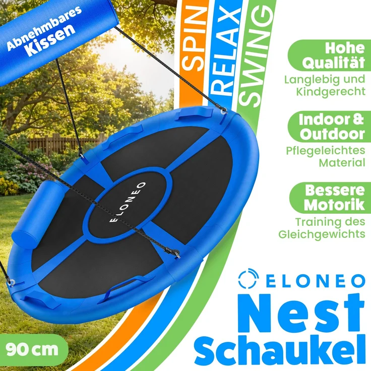 ELONEO Nestschaukel Outdoor & Indoor mit 90 oder 120 cm Durchmesser, Tellerschaukel, höhenverstellbare Hängeschaukel inkl. Kissen, Griffen und Zubehör-Set, Blau - 90cm – Bild 2