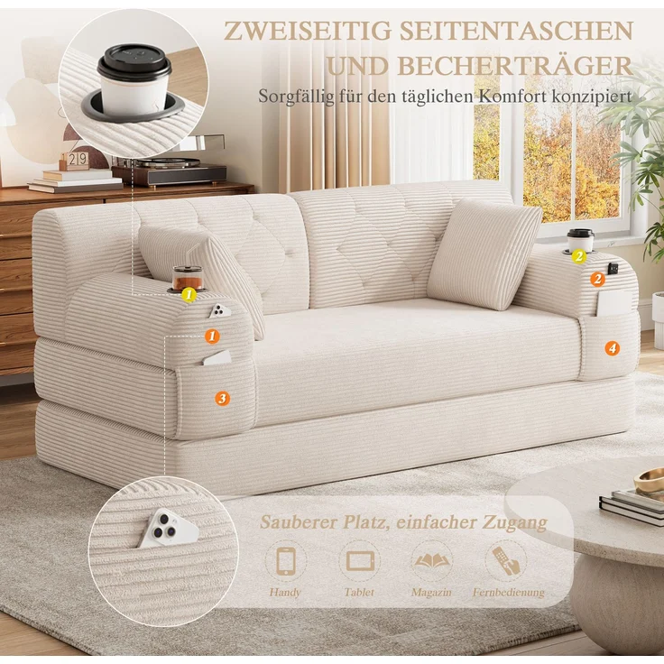TavilaEcon 2-Sitzer Schlafsofa, komprimiertes Cord Sofa mit hoher Rückenlehne beige 81 × 80 × 168 cm (H × T × B) – Bild 4