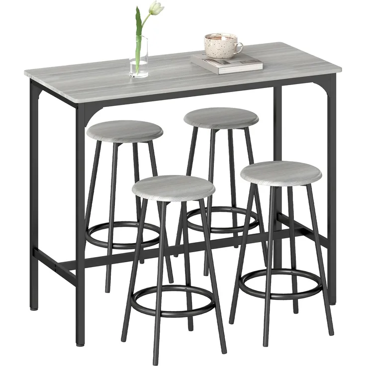 Stehtisch mit 4 Hockern, Fußstützen, schwarzes Metall und Holzoptik, für Küche und Esszimmer, Cecodadi