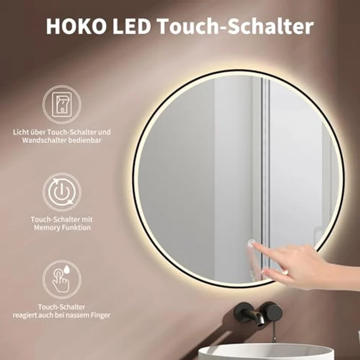 HOKO Badspiegel rund 60 cm Helsinki, LED Beleuchtung mit Touch-Schalter, schwarzer Metall Rahmen, wechselbare Lichtfarbe Warmweiß-Kaltweiß-Neutral, Antibeschlag-Funktion, IP44 – Bild 3