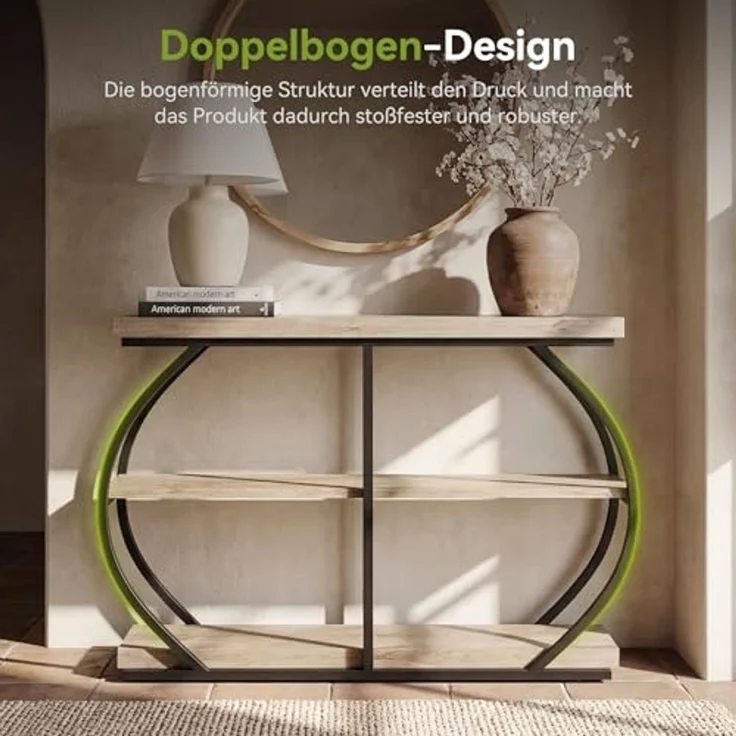 LITTLE TREE 105 cm Konsolentisch, industrieller 3-stufiger Sofatisch hinter dem Sofa, Flurtisch, Eingangstisch mit gewölbtem Metallrahmen und Ablageflächen für Wohnzimmer, Eingang, Hellbeige – Bild 6